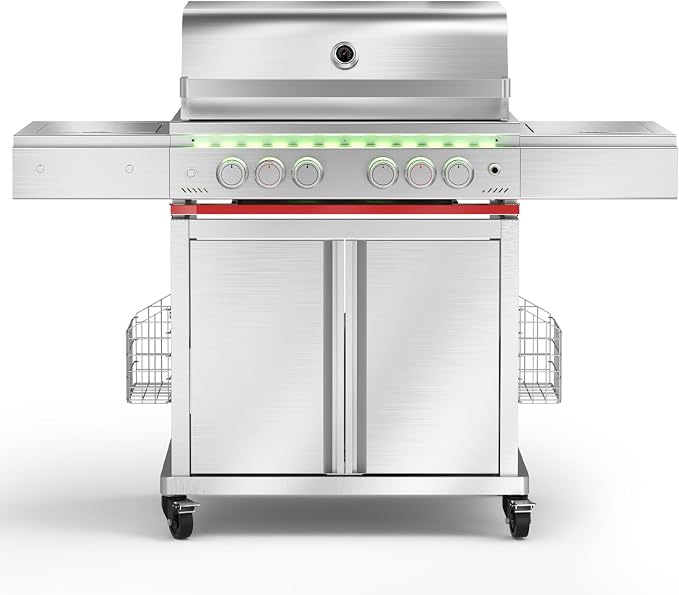 Electactic Heavy-duty Propane Gas Grill, SUS304 Stainless Steel 6-Burner BBQ Grill with 4 Main Burners, 1 Infrared Rear Burner, 1 Side Burner and LED Lights, High Performance Outdoor Grilling