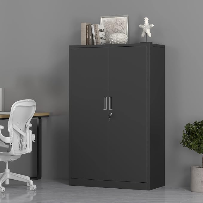 Metal Storage Cabinet with Locking Doors and 3 Adjustable Shelves, 53.5-Inch Tall Lockable Steel Storage Cabinets for Home Office Garage Pantry (Black)
