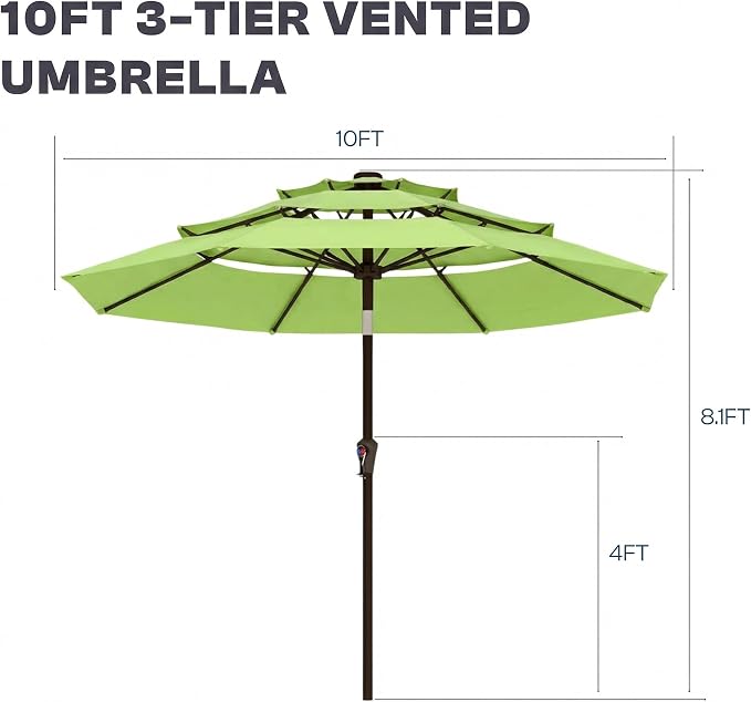 10ft 3 Tier Patio Umbrella, Outdoor Market Table Umbrella with UPF 50+ Vented Canopy, 8 Sturdy Ribs, Easy Push Button Tilt and Crank, Windproof for Deck, Pool, Backyard and Garden