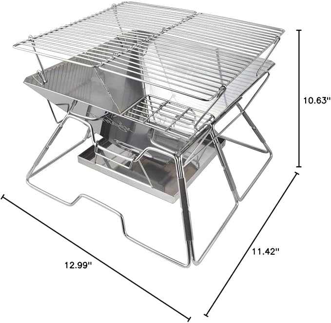 Tentock Folding Campfire Grill, Portable Fire Pit Grill for Camping, bbq Grill Charcoal 304 Stainless Steel Grate Barbeque Grill with Carrying Bag