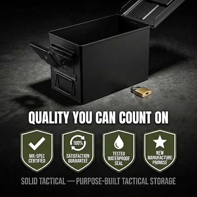 Lockable Metal Ammo Storage Box - Military & Army Steel Ammo Can for Ammunition Storage - Waterproof Ammo Crate Utility Box