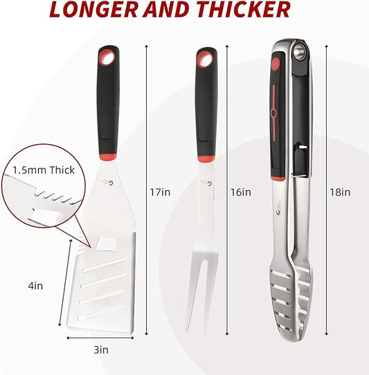 BBQ Tools Set, 4 PCS Heavy Duty Stainless Steel Spatula, Fork, Tongs with Portable Bag, Essential Accessories for Barbecue Outdoor Grill, Grilling Gifts for Men Dad Camp Chef