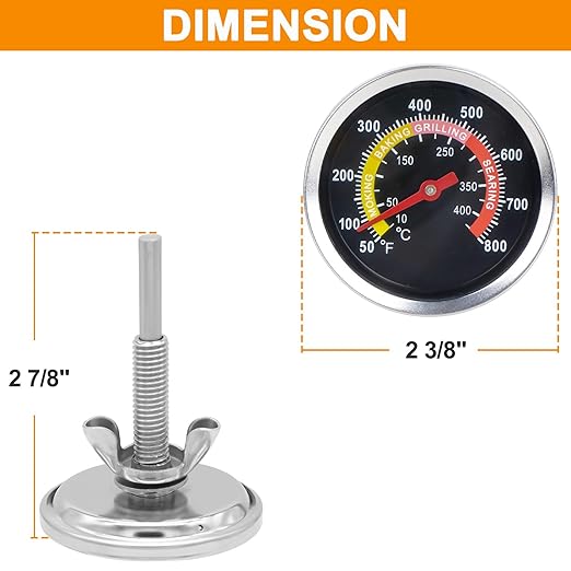 DcYourHome Charcoal Grill Thermometer, 2-3/8" Grill Lid Thermometer Replacement, Stainless Steel BBQ Pit Thermometer, Wood Charcoal Temp Gauge Grill Thermometer 50-800F Smoker Thermometer
