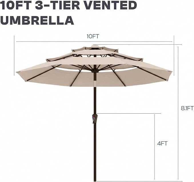 10ft 3 Tier Patio Umbrella, Outdoor Market Table Umbrella with UPF 50+ Vented Canopy, 8 Sturdy Ribs, Easy Push Button Tilt and Crank, Windproof for Deck, Pool, Backyard and Garden