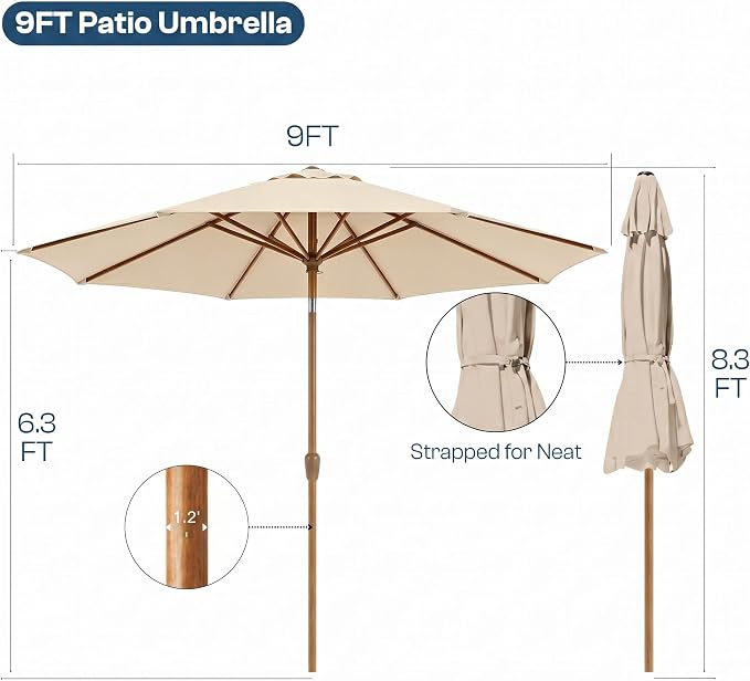 9ft Outdoor Patio Umbrella, Market Table Umbrella with Crank and Easy Push Button Tilt, Wood Grain Frame, UPF 50+ for Pool, Garden, Deck, Backyard