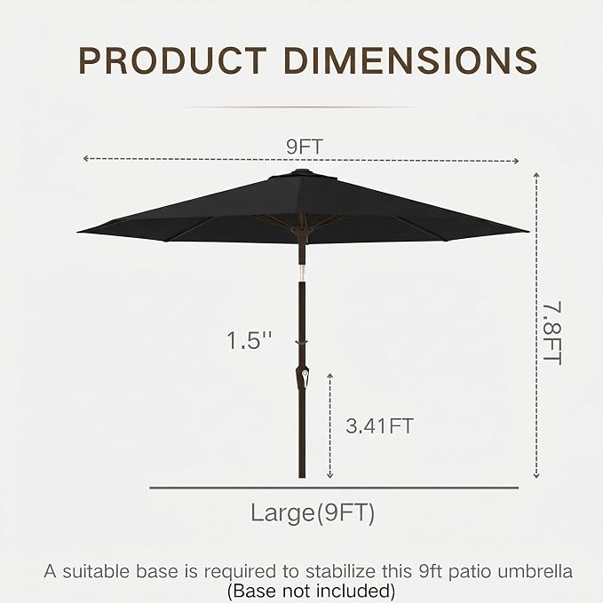 Kingdura 9FT Outdoor Patio Umbrella, Round Market Table Umbrella with Push‑Button Tilt and Crank Lift, 8 Sturdy Metal Ribs, UV50+ Protection Canopy for Backyard, Lawn, Deck, Poolside, Garden (Black)