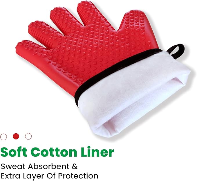 Silicone BBQ Cooking Gloves with Meat Smoker Guide,Heat Resistant Oven Mitts with Fingers,Long Protective Cotton Lined Barbecue Grilling Gloves 1 Pair for Kitchen, Cooking, and Baking Gifts (Red)