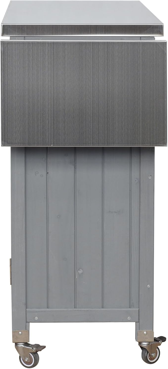 JIVOIT Outdoor Kitchen Island with Foldable Stainless Steel Tabletop, Patio Fir Wood Kitchen Cart Portable Prep Station with Lockable Wheels, Storage Cabinet and Towel Rack (Grey/123)