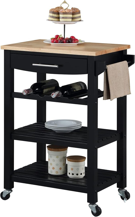 Convenience Concepts Ellaine Butcher Block Kitchen Cart 24.75" - 4 Tier Kitchen Island with Storage Drawer, Dining Room Wine Rack on Wheels, Coffee Station Table, Mobile Utility Trolley, Black