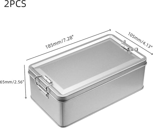 2 Pack Silver Tin Box Containers Metal Storage Box with Lids Rectangular Containers with Buckle Latch for Home Storage Outdoor Usage(7.28"×4.13"×2.56")