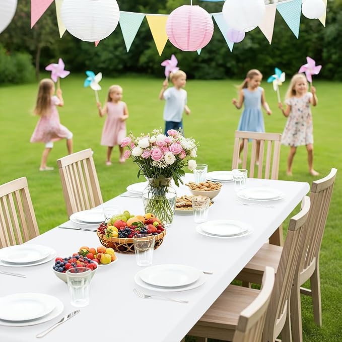 Smiry Rectangle Picnic Table Cloth, Waterproof Elastic Fitted Tablecloths for 6 Foot Tables, Washable Polyester Table Cover for Camping, Indoor and Outdoor (White, 30"x72")