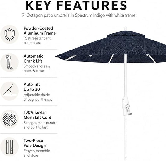 Treasure Garden 9ft Patio Umbrella - Outdoor Furniture Market Umbrella โ Deluxe Auto-Tilt โ White Aluminum Frame (Sunbrella, Spectrum Indigo)