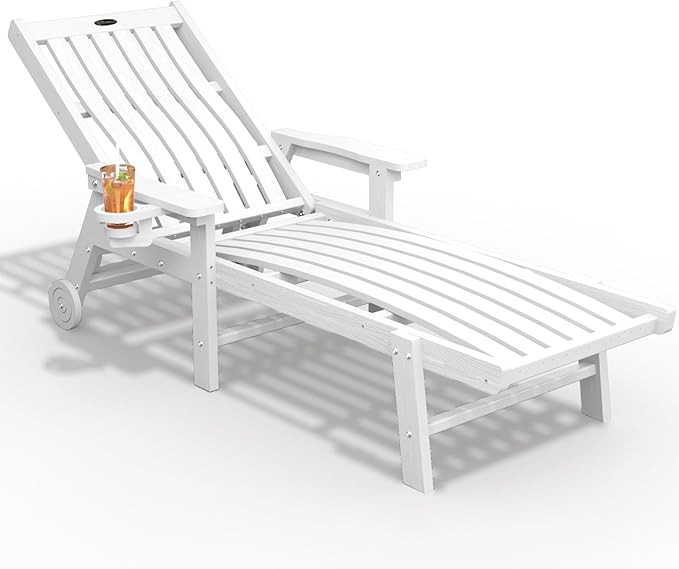 THOEOE Patio Chaise Lounge Chair, Oversized Lounge Chair Outdoor with 5 Positions, 78″ Long, HDPE, Patio Lounge Chair with Wheels & Cup Holder for Pool, Deck, Poolside,White