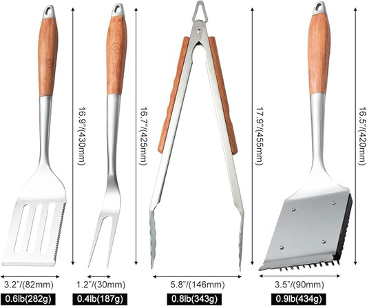 Heavy-Duty Wood BBQ Grilling Accessories Tools Set, Premium Thickened Stainless Steel Barbecue Utensils for Outdoor Grilling