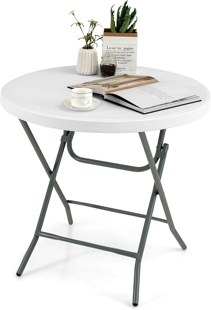 Goplus 32'' Round Folding Table, Foldable Plastic Card Table, Portable Commercial Banquet Table, White Outdoor Utility Folding Tables for Picnic, Party, Dining, Camping, Beach, BBQ, No Assembly