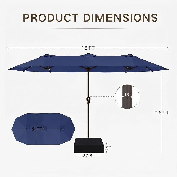 Kingdura 15ft Large Patio Umbrella with Solar Lights, Double-Sided Rectangle Lighted Outdoor Table Umbrella with Base Included, 12 Reinforced Ribs, 48 Led Lights, Crank Lift for Market Pool Deck Backyard, Navy blue