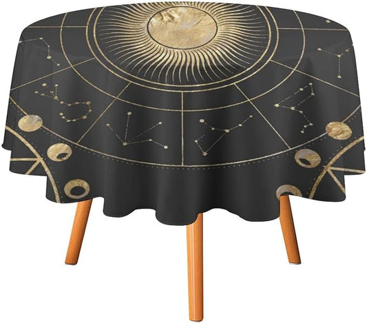 Retro Sun Moon Phases Round Tablecloth Vintage Star Magical Galaxy Space Table Cloth Water Resistant Wipeable Table Cover for Farmhouse Picnic Party Holiday Kitchen Dinner Table 70"