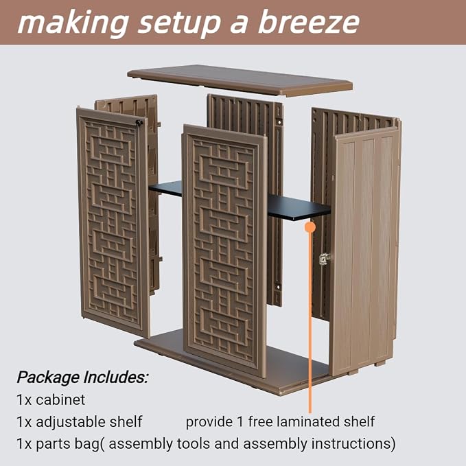 ZZM HDPE Outdoor Storage Shed, Outdoor Plastic Storage Cabinet, Horizontal Resin Tool Shed for Garden, All Weather Outdoor Storage Clearance, DIY Usage, with one Shelf (Coffee)