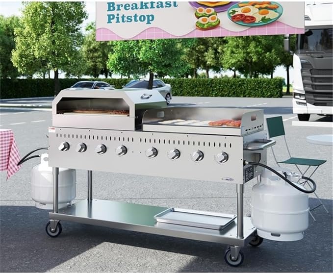 Pemberly Row 60" Commercial Outdoor Propane BBQ Grill with Pizza Oven Attachment, 8-Burner Stainless Steel Gas Grill