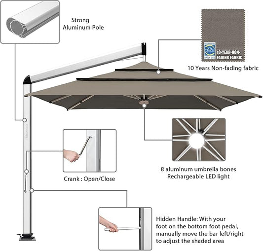EliteShade USA Atlas 3-Tier 10x10FT Full Aluminum Cantilever Patio Umbrella for Outdoor Restaurant Garden Courtyard Deck Pool and Marketing with Light (No battery), Taupe