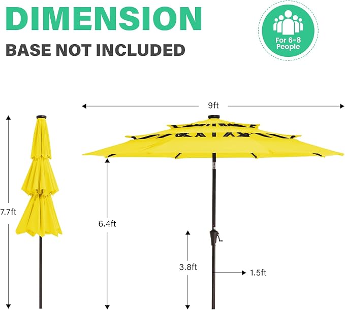 JEAREY 9 ft 3-Tier Outdoor LED Lighted Patio Umbrella w/Crank, Yellow | Solar Market Table Umbrella with 8 Sturdy Ribs, UV Protection Waterproof Sunproof for Garden, Deck and Backyard