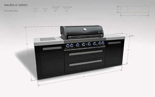 Mont Alpi MAi805-BSS Outdoor Kitchen Island Grill - 6 Burner Black Stainless Steel | 44 Inch | Side Burner, Granite Countertops, Rotisserie & Cover