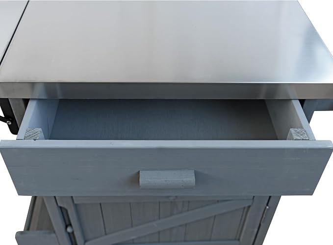 YOPTO 40.5" Outdoor Grill Cart,Stainless Steel Top,Fir Wood Cabinet,Drop Leaf,Lockable Wheels,Ample Storage,Towel Rack,Spice Rack,Bottle Opener,Blue Grey
