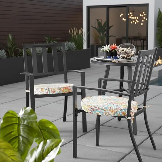 Set of 2 Outdoor 18 inch Round Patio Dining Chair Pads – Comfortable Fiber-Filled Seat Cushions with Ties, Reversible Polyester Fabric - Jamboree Paisley