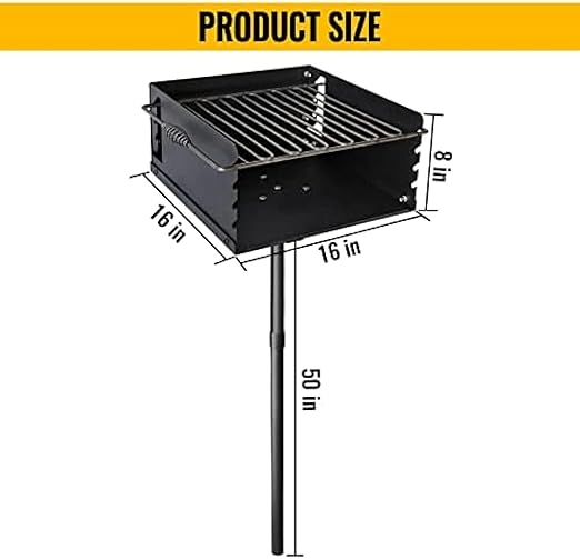 Park-Style Charcoal Grill, Heavy Duty Steel Outdoor BBQ Grill with Grate and Plate, Single Post Carbon Steel Park Grill for BBQ, Camping, Backyard,16x16 Inch