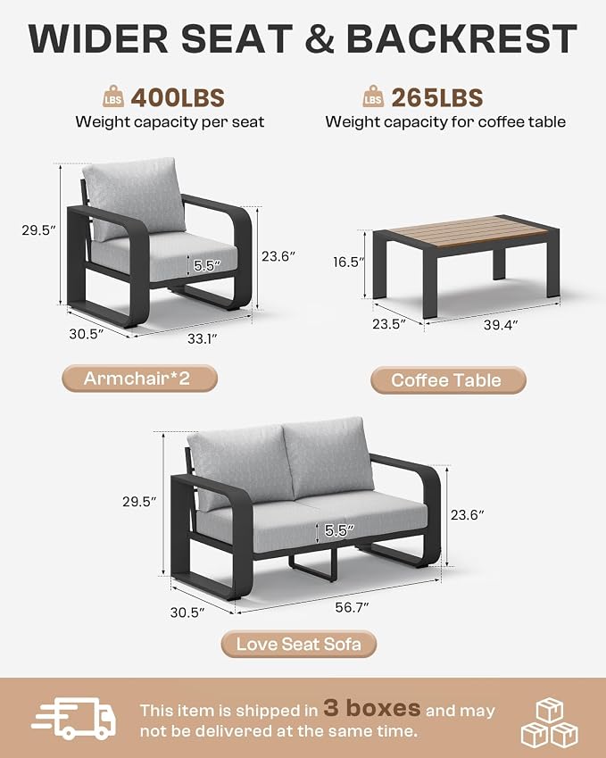 Oversized Aluminum Outdoor Furniture Set, Extra Large Patio Furniture Sofa Set 4.8” Widened Armrest & Ultra-Thick Cushions, 4 Pcs Modern Patio Sectional for Backyard, Deck, Gray