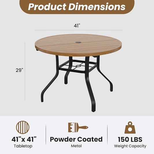Round Outdoor Dining Table 41" with 1.57" Umbrella Hole | with Umbrella Hole, Wood-like Table Top, Water-resistant, Easy to Clean, Patio table for Backyard, Poolside