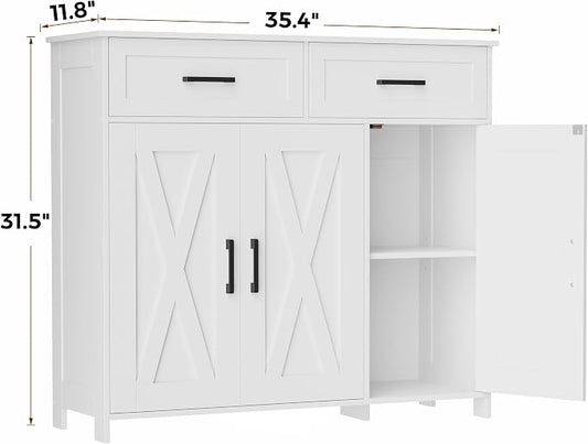 Homhedy Coffee Bar Storage Cabinet with Drawers, Kitchen Buffet Cabinet | Sideboard Cabinet with Doors, Farmhouse Buffet Cabinet, Adjustable Shelves, for Kitchen / Dining / Living Room, White