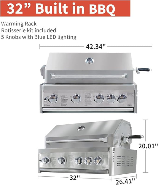 Modular Outdoor Kitchen with 30" 5 Burner Natural Gas Grill Pizza Oven BBQ Grill Cabinet 24" Undercounter Refrigerator Fridge Cabinet Sink Cabinet 6 Pcs