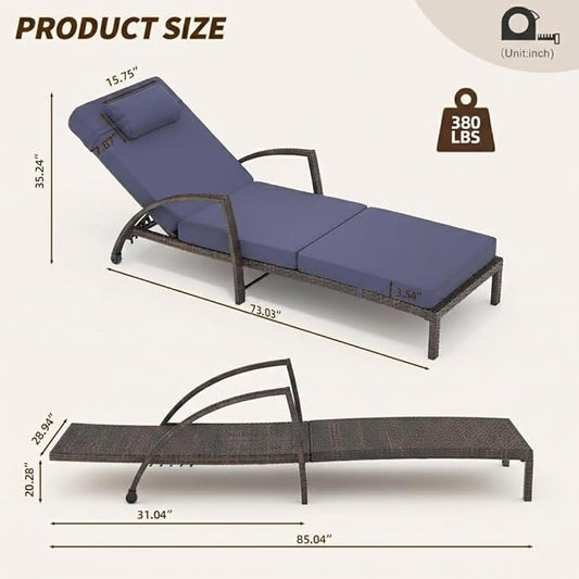Garvee Outdoor Chaise Lounge Set of 2, 5-Position Adjustable PE Wicker Reclining Chairs with Wheels & 3.5" Cushions, 400 lbs Capacity All-Weather Patio Furniture for Poolside, Garden, Beach(Blue)
