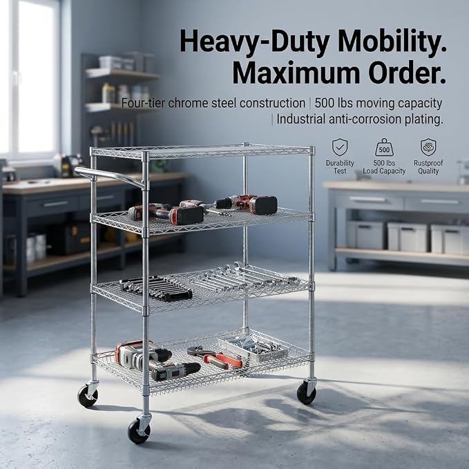 Finnhomy 4 Tier Heavy Duty Commercial Grade Rolling Cart with Handle Bar, Metal Wire Utility Cart with Wheels, Service Trolley on Wheels, Shelf Size 18" D x 30" W, NSF Listed, Chrome