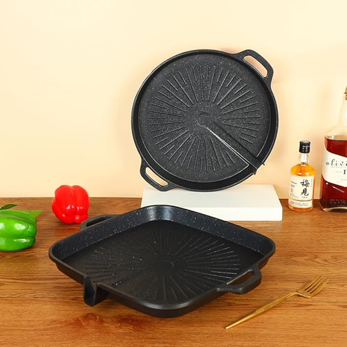 Korean Style 12.6in Grill Pan Non-stick Maifan Coated Smokeless Griddle Pan Compatible for Induction, Gas Stove, Electric Cooktop Stovetop Plate Indoor or Outdoor BBQ (Round)