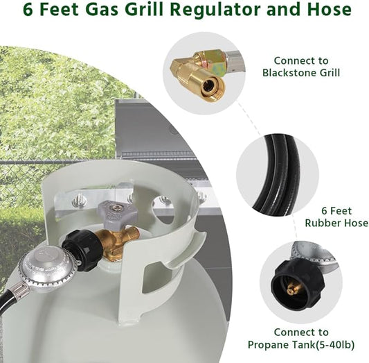6FT Propane Adapter Hose with Regulator and Elbow Adapter, Fits Blackstone 17 inch and 22 inch Table Top Griddle, Flat Pressure Relief Valve, 3/8'' Connect Fitting