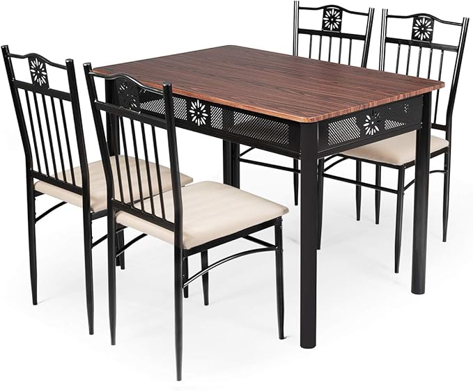 Tangkula 5 Pieces Dining Table and Chairs Set, Vintage Retro Wood Top Metal Frame Padded Seat Dining Table Set Home Kitchen Dining Room Furniture