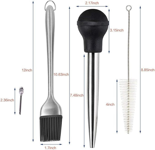 Deluxe 304 Stainless Steel Turkey Baster Syringe Injector Needle with Cleaning Brush & Heavy Duty 12 Inch Stainless Steel Handle Silicone BBQ Basting Brush