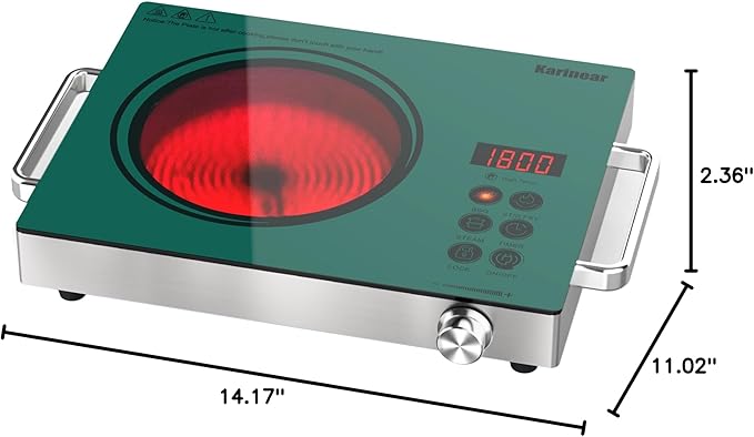 Karinear Portable Electric Stove 110V, 1800W Electric Hot Plate with Handle, Knob Control Single Burner Electri Cooktop, Ceramic Infrared Countertop Burner, Timer, Safety Lock(Green)