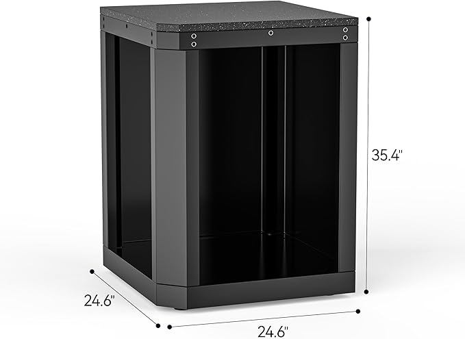 Small Black Stainless Steel Outdoor 90° Corner Cabinet, Black Galaxy Granite Countertop, for Compact L‑Shaped Grill Island, Patio BBQ