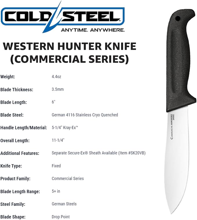 Cold Steel 6" Western Hunter Knife Durable German 4116 Stainless Steel Fixed Blade Knife with Ergonomic Kray-Ex Handle Ideal for Hunting, Fishing & Outdoor Tasks Commercial Series