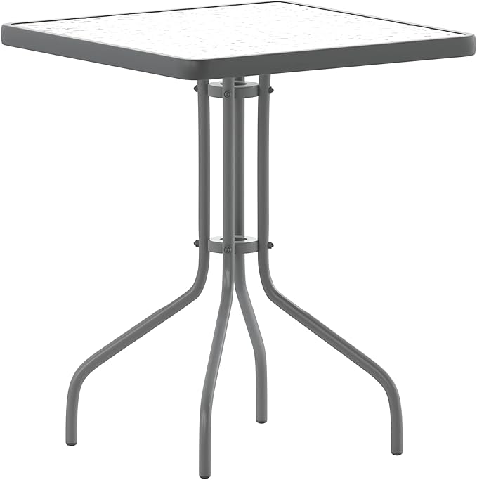 Flash Furniture TLH-0731SQ-017CSV2-GG Lila 23.5'' Square Glass Table with 2 Metal Aluminum Slat Stack Chairs, Silver