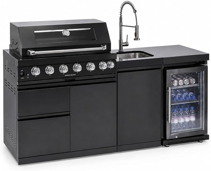 82-Inch Outdoor Kitchen Island, 6-Burner 85,000 BTU Modular Propane Gas Stainless Steel BBQ Grill with Refrigerator, Rotisserie Kit, Stainless Steel Countertop, Storage Cabinets & Drawers, Black