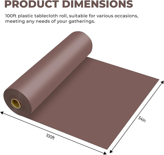54 Inch X 100 Feet Plastic Table Cover Roll Premium Disposable Plastic Tablecloth for All Type/Shape Tables | Picnic, Party, Banquet, Birthdays, Weddings (Brown, 54 Inch X 100 Feet)