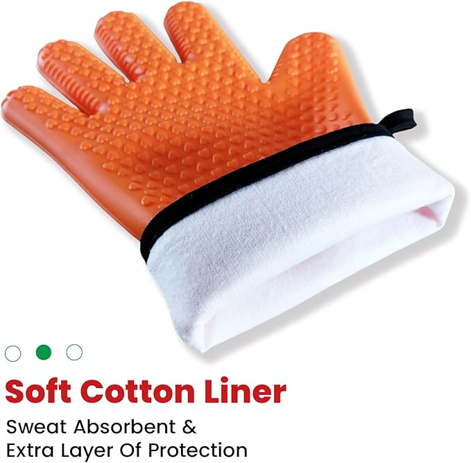 Silicone BBQ Cooking Gloves with Meat Smoker Guide,Heat Resistant Oven Mitts with Fingers,Long Protective Cotton Lined Barbecue Grilling Gloves 1 Pair for Kitchen, Cooking, and Baking Gifts (Orange)