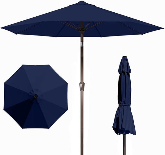 PatioKingdom Auto-Tilt 9FT Patio Umbrella Outdoor with 8 Sturdy Fiberglass Ribs,Market Table Umbrella for Pool,Backyard,Deck and Garden (Navy)