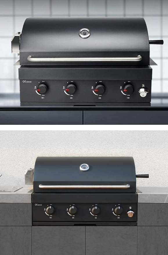 4-Burner Gas & Charcoal Combo Built-in BBQ Grill – Outdoor Tabletop Barbecue with Thermometer, Cast Iron Grates, Pull-Out Grease Tray – for Patio, Garden, or Backyard Use