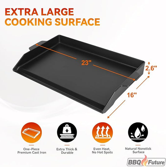 BBQ Future Universal Cast Iron Griddle for Gas Grill with Spatula Set, 23" x 16" Pre-Seasoned Nonstick Griddle Insert Large BBQ Flat Top Plate for All Gas/Electric Grill, Stove Top and more