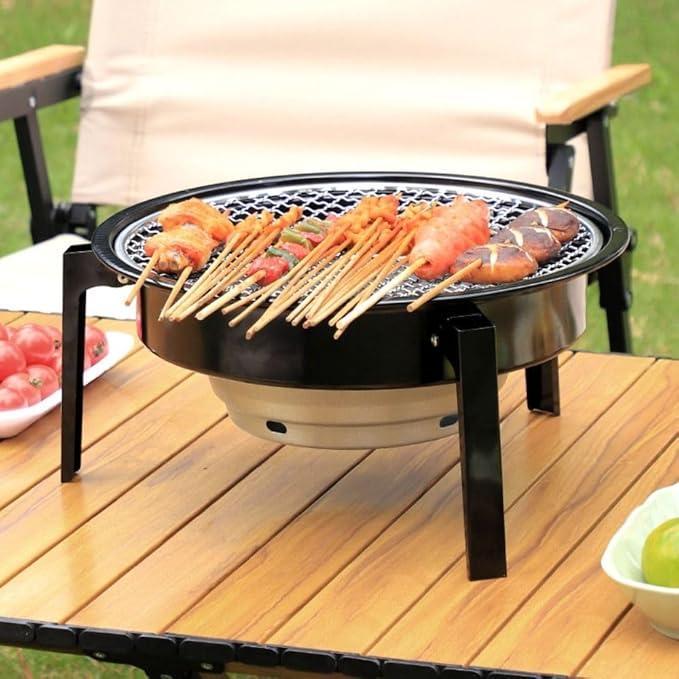 Portable Charcoal Grill, 12.6" Folding Barbecue Charcoal Grill, with Round Removable Grilling Net Grilling Pan Net Grabber, Easy To Clean, Mini BBQ Grill for Outdoor Cooking Camping Picnic